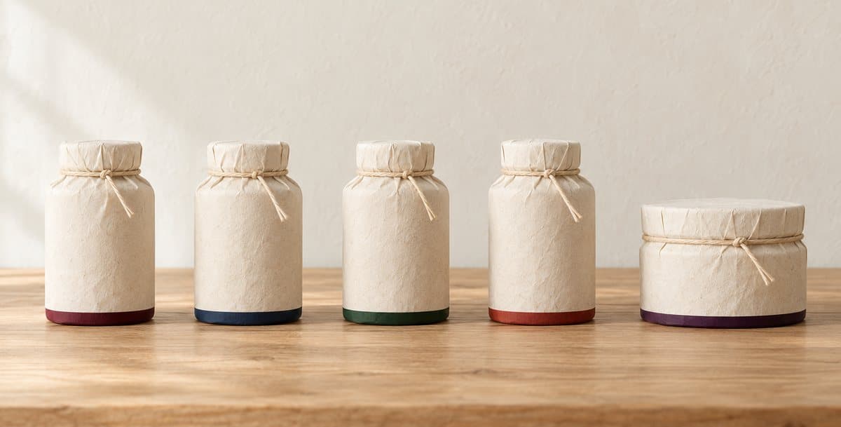 Frascos envueltos en papel crema y atados con hilo; de cada uno sólo asoma el color de su etiqueta.